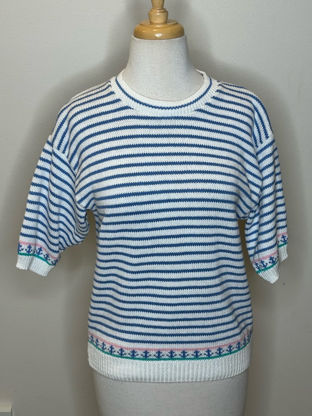 Vintage Robert Scott Cotton Sweater Striped S/S Anchor Sailing Women's L